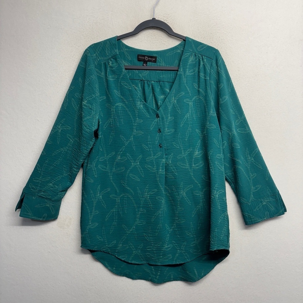 Fred David tunic blouse green‎ turquoise 3/4 sleeve foliage L